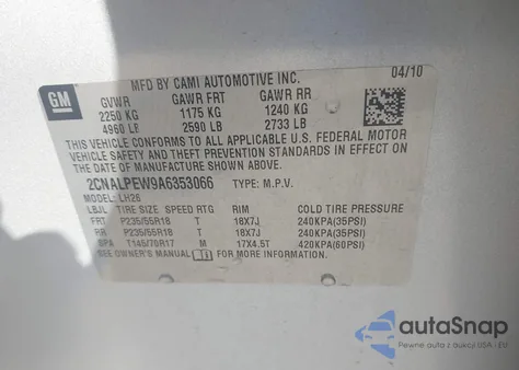 2010 Chevrolet Equinox Lt z USA, uszkodzony, nr VIN 2CNALPEW9A6353066